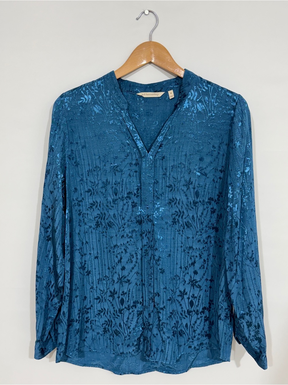 WSH40 {Soft Surroundings} Teal Blue Floral Shimmery Button Down Blouse Shirt Top